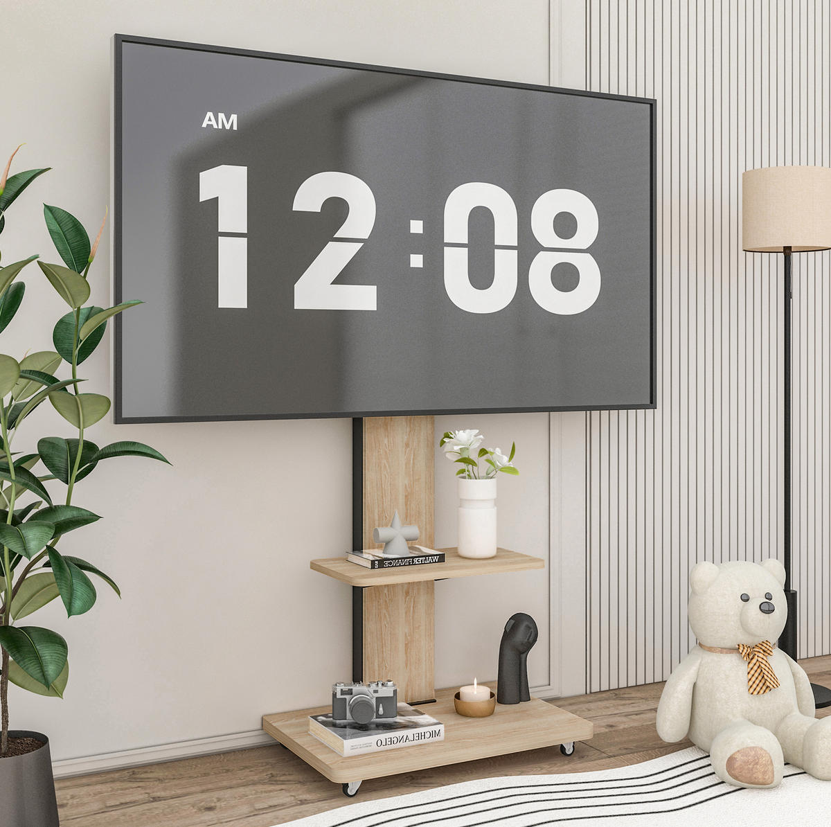 TV-STÄNDER aus MDF und Metall 60x40x150 cm Naturfarben höhenverstellbar mit Rollen und schwenkbarer Halterung - Hellbraun, Holzwerkstoff (60/150/40cm) - Modfu