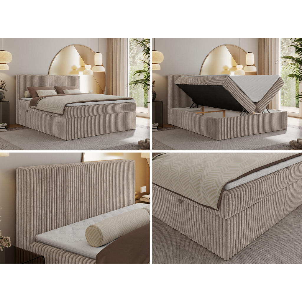Thumbnail - MKS Boxbett, Hellbraun, Textil, 2-Sitzer, H4, Rechteckig, 140x200 cm, Oeko-Tex®, Schlafzimmer, Betten, Boxspringbetten