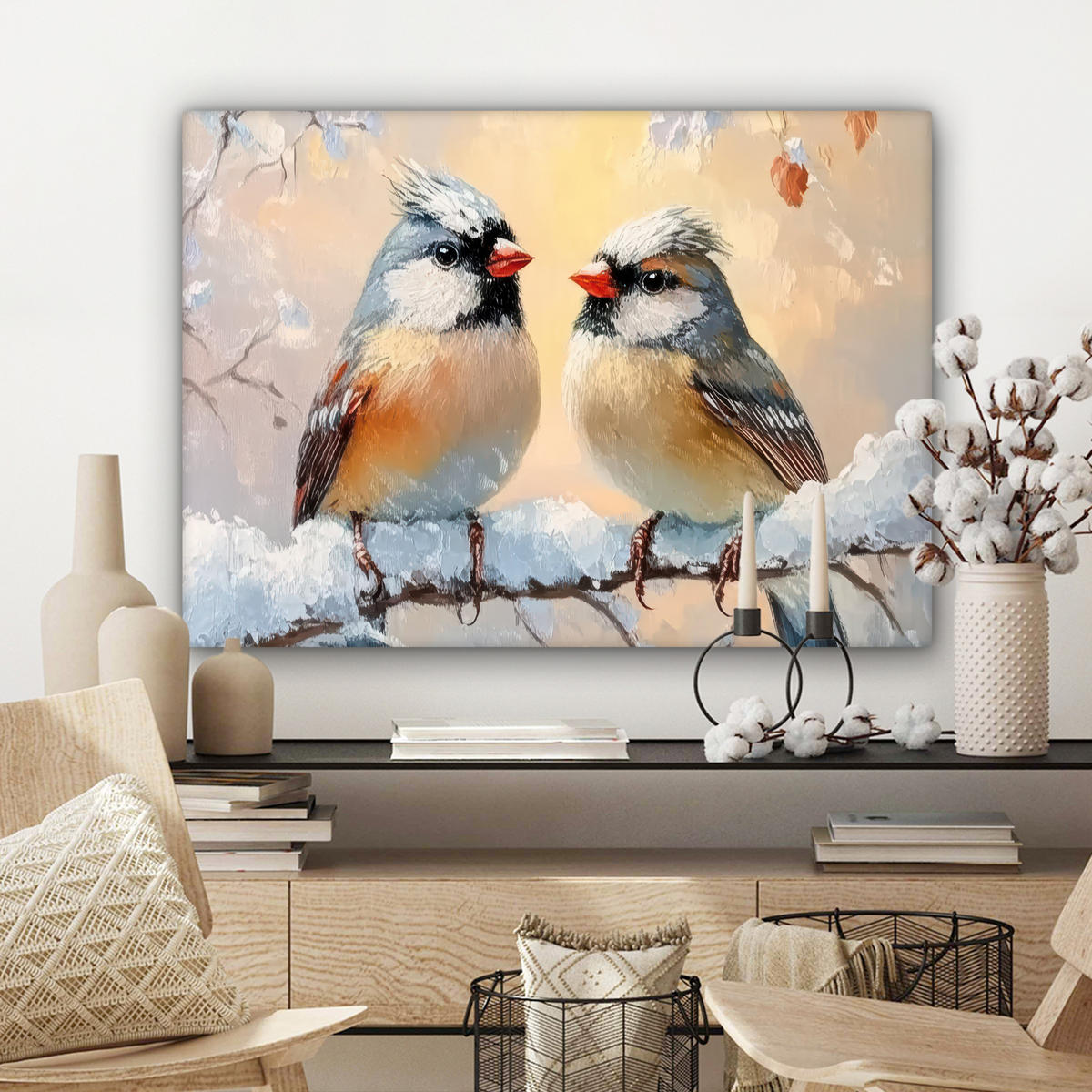 LEINWANDBILD Vögel - Zweig - Winter - Schnee Wandbilder 80x60 cm - Pastellblau, Textil (80/60cm) - MuchoWow