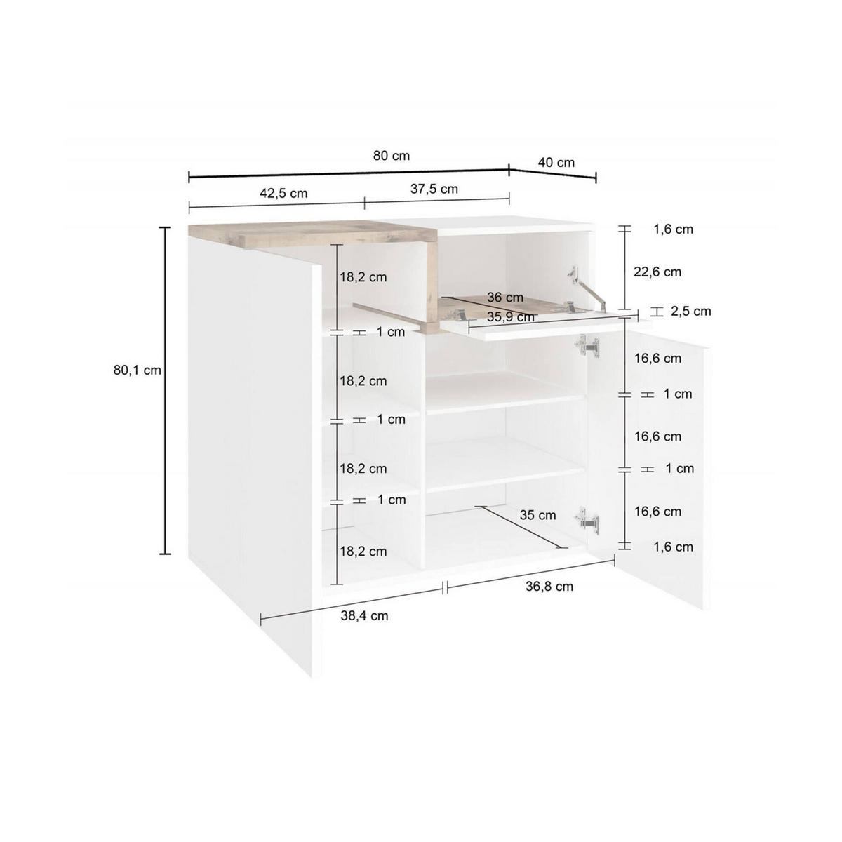 SCHUHSCHRANK Glänzendes Weiß, Ahorn 40/80/80 cm - Ahornfarben/Weiß, Holzwerkstoff (80/80/40cm) - DMORA