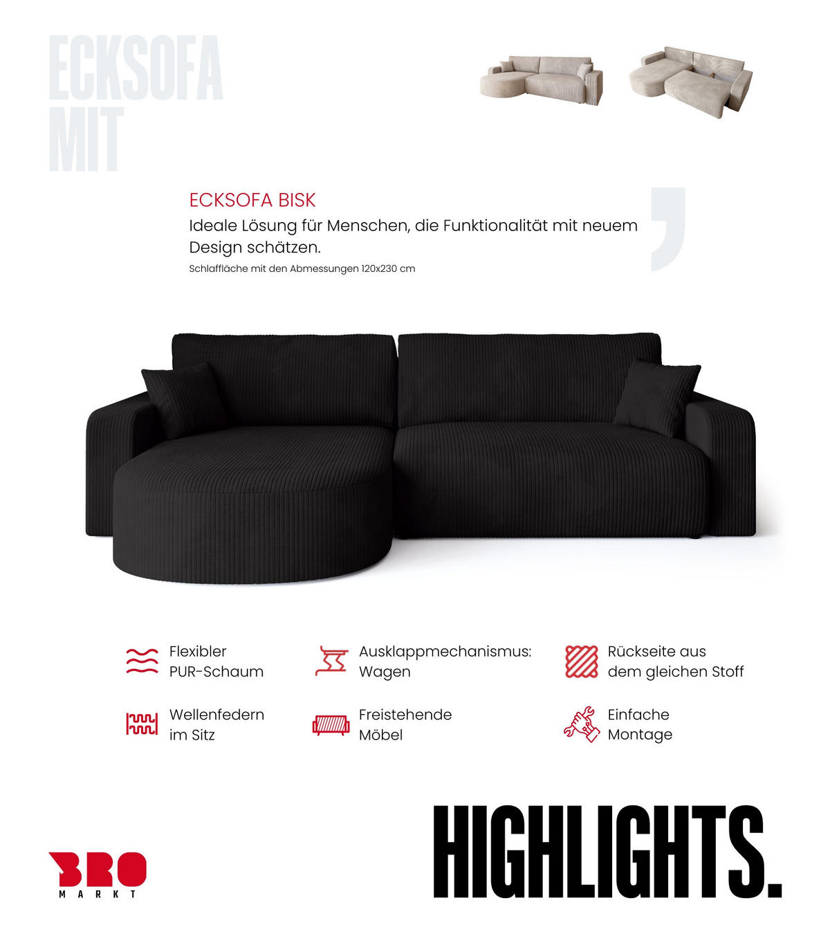 ECKSOFA Bisk mit Schlaffunktion Schwarz Cordstoff - Schwarz, Textil (275/170cm) - Bromarkt