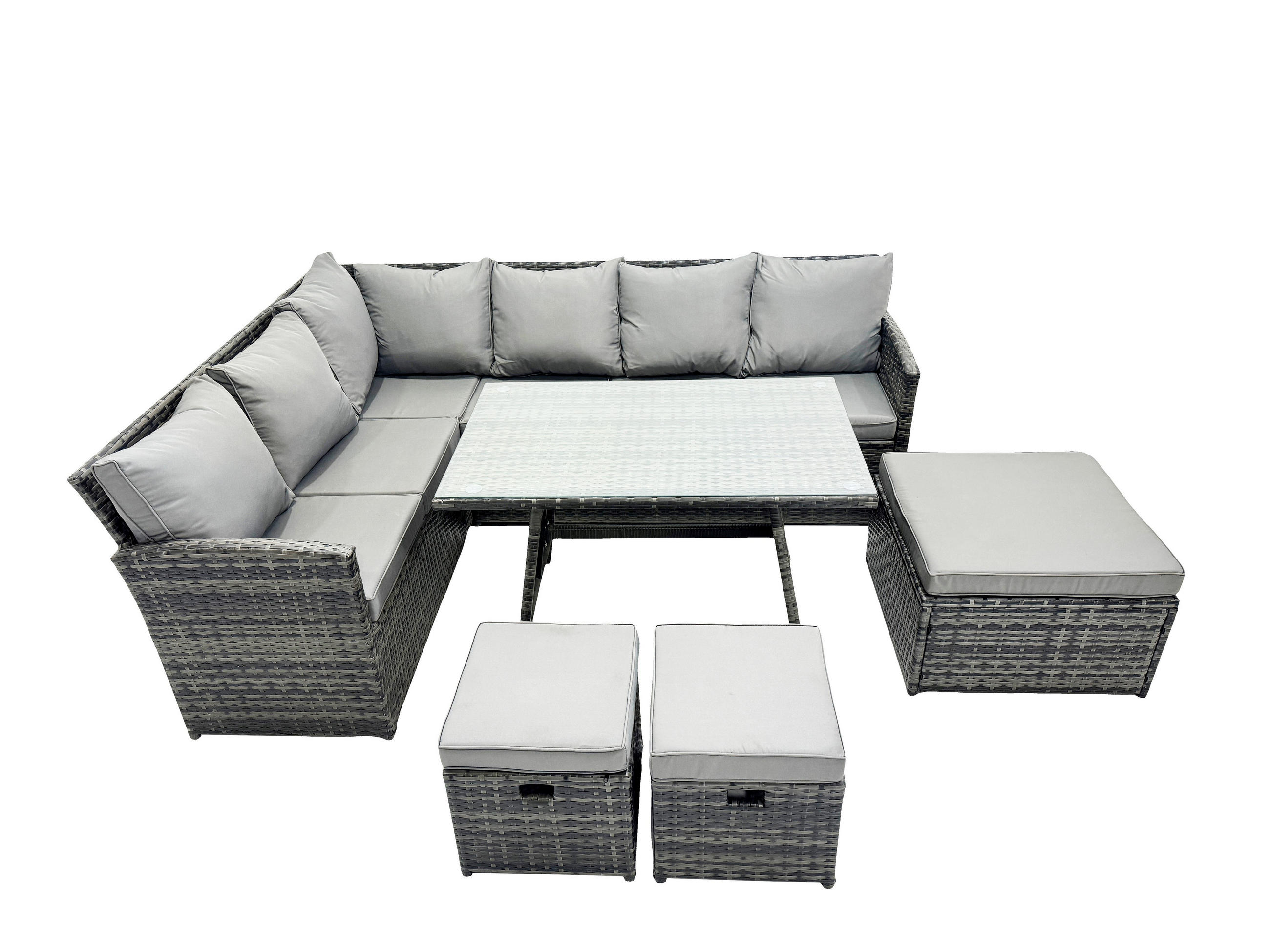 SITZGRUPPE mit Ecksofa,3 Fußhocker Polyrattan Dunkelgrau 9-Sitzer - Dunkelgrau/Grau, Glas/Kunststoff - Fimous