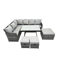 SITZGRUPPE mit Ecksofa,3 Fußhocker Polyrattan Dunkelgrau 9-Sitzer - Dunkelgrau/Grau, Glas/Kunststoff - Fimous