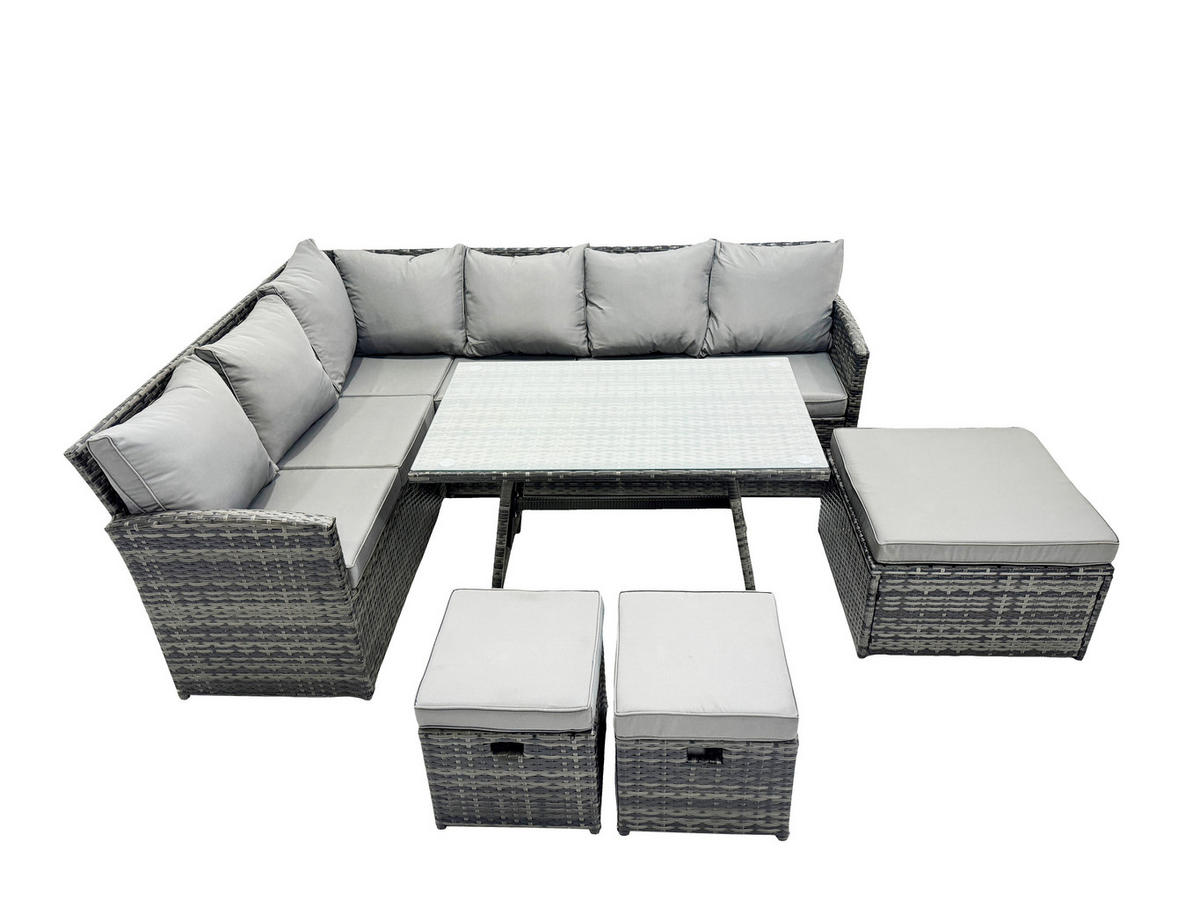 SITZGRUPPE mit Ecksofa,3 Fußhocker Polyrattan Dunkelgrau 9-Sitzer - Dunkelgrau/Grau, Glas/Kunststoff - Fimous