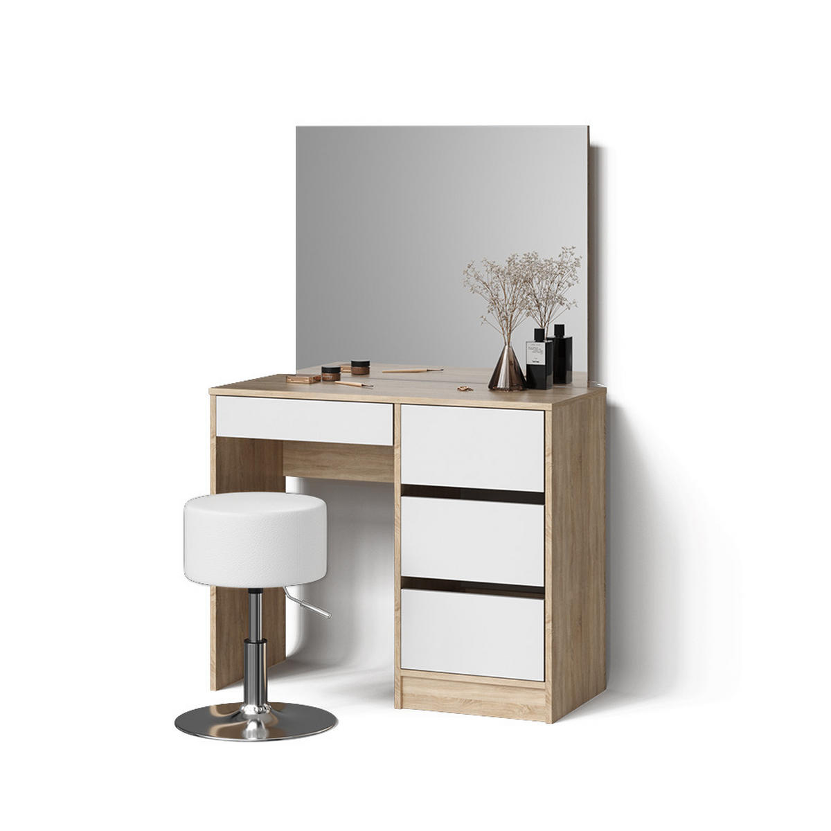 SCHMINKTISCH Imola Weiß/Sonoma 120 cm mit Hocker - Weiß/Sonoma Eiche, Holzwerkstoff (120/75/55cm) - Livinity®