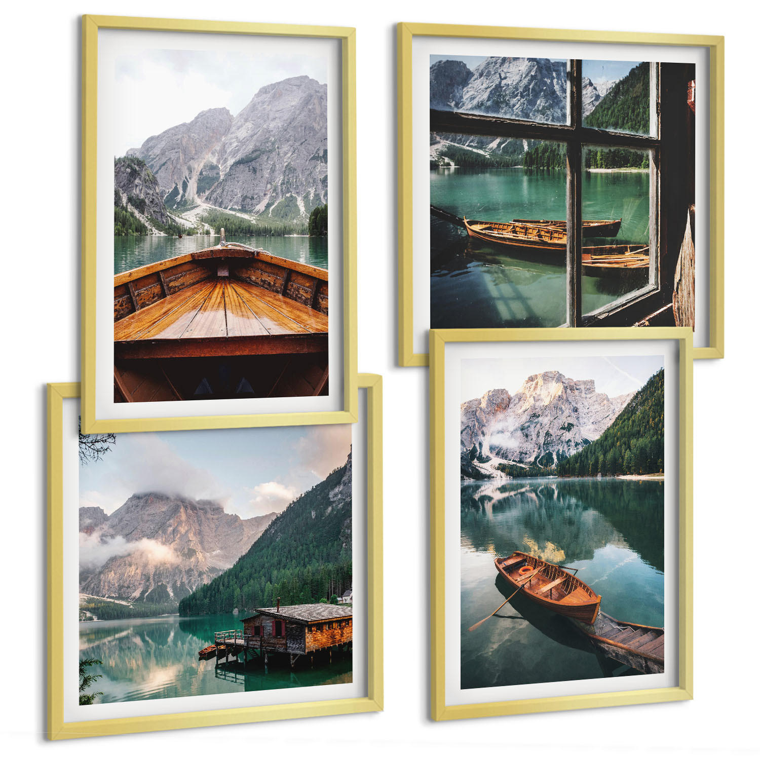 BILDER SET 4er Set - 50x50 cm & 40x60 cm Goldrahmen - See, Berge, Boote, Hütte, Fenster - Goldfarben, Kunststoff (50/50cm) - TULUP