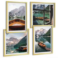 BILDER SET 4er Set - 50x50 cm & 40x60 cm Goldrahmen - See, Berge, Boote, Hütte, Fenster - Goldfarben, Kunststoff (50/50cm) - TULUP