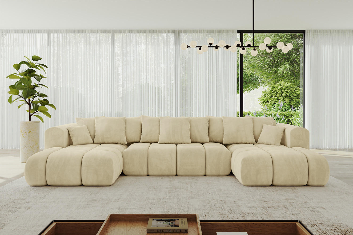 WOHNLANDSCHAFT CLOUD-U-v1 405x185x90 Beige Velours - Beige, Holzwerkstoff/Kunststoff (405/90/185cm) - ALTDECOR