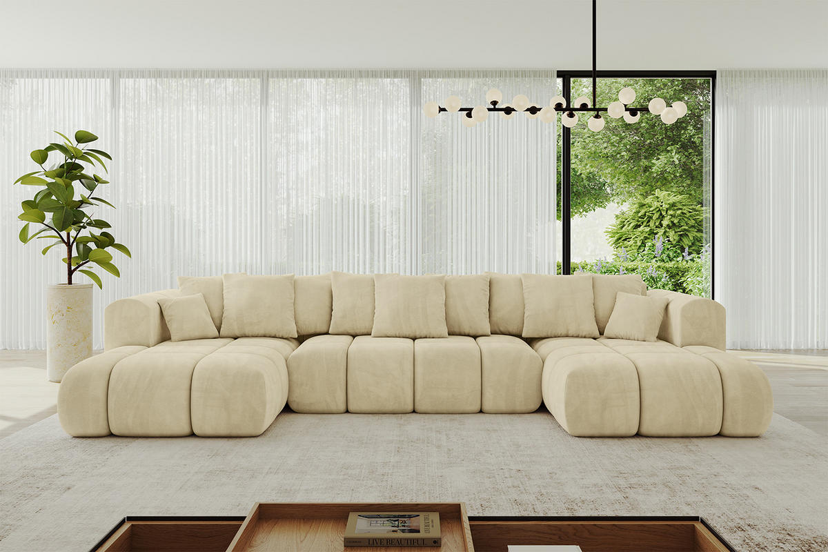 WOHNLANDSCHAFT Ottomane Links CLOUD-U-v1 414x180x40 Beige Velours - Beige, Holzwerkstoff/Kunststoff (414/90/180cm) - ALTDECOR