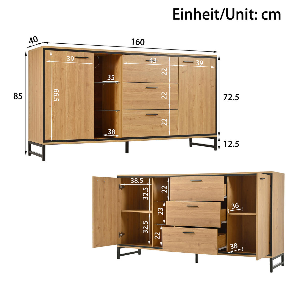 SIDEBOARD Holzoptik 3 Schubladen - Naturfarben, Holzwerkstoff (160/85/40cm) - LEBENLANG
