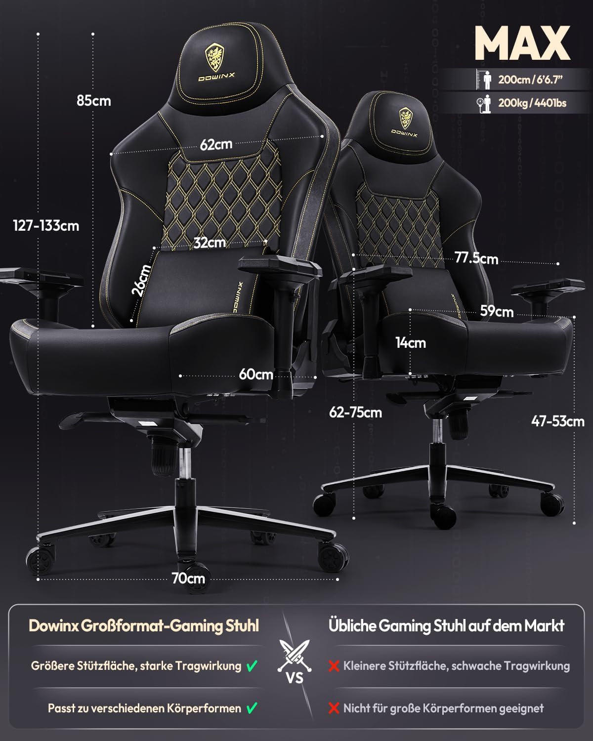 GAMING-STUHL & 4D Armlehnen, Höhenverstellbarer für Gamer/Esport - Schwarz, Leder (70/133/70cm)