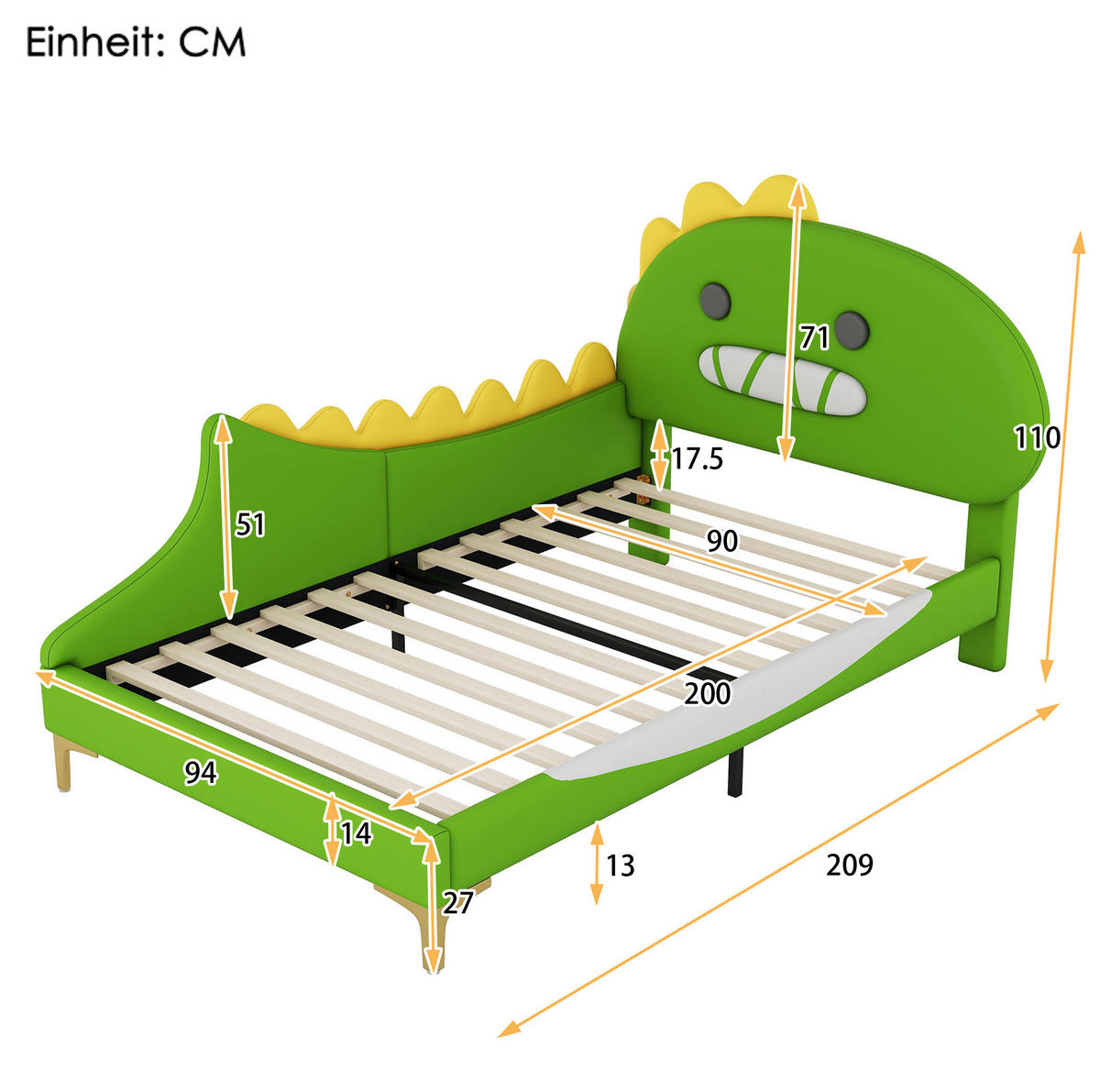 KINDERBETT Dinosaurier 90/200 cm Grün aus PU mit stabiler MDF-Konstruktion - Grün, Kunststoff (90/200cm) - OKWISH