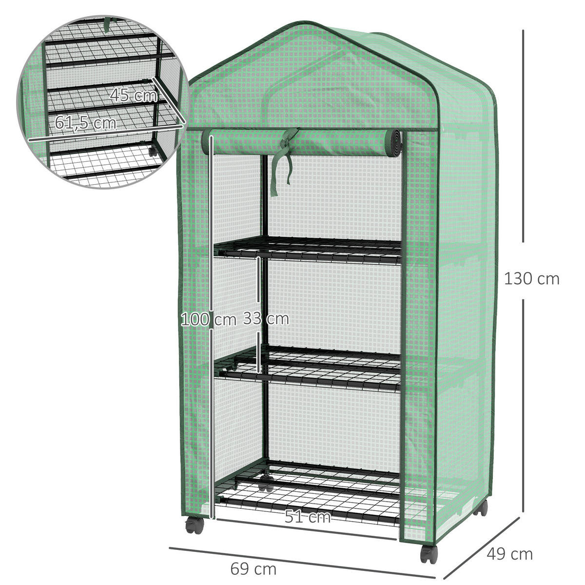 GEWÄCHSHAUS DE-11963 3 Etagen mit Rollen Transparent - Grün, Kunststoff (49/130/69cm) - ComfortXL