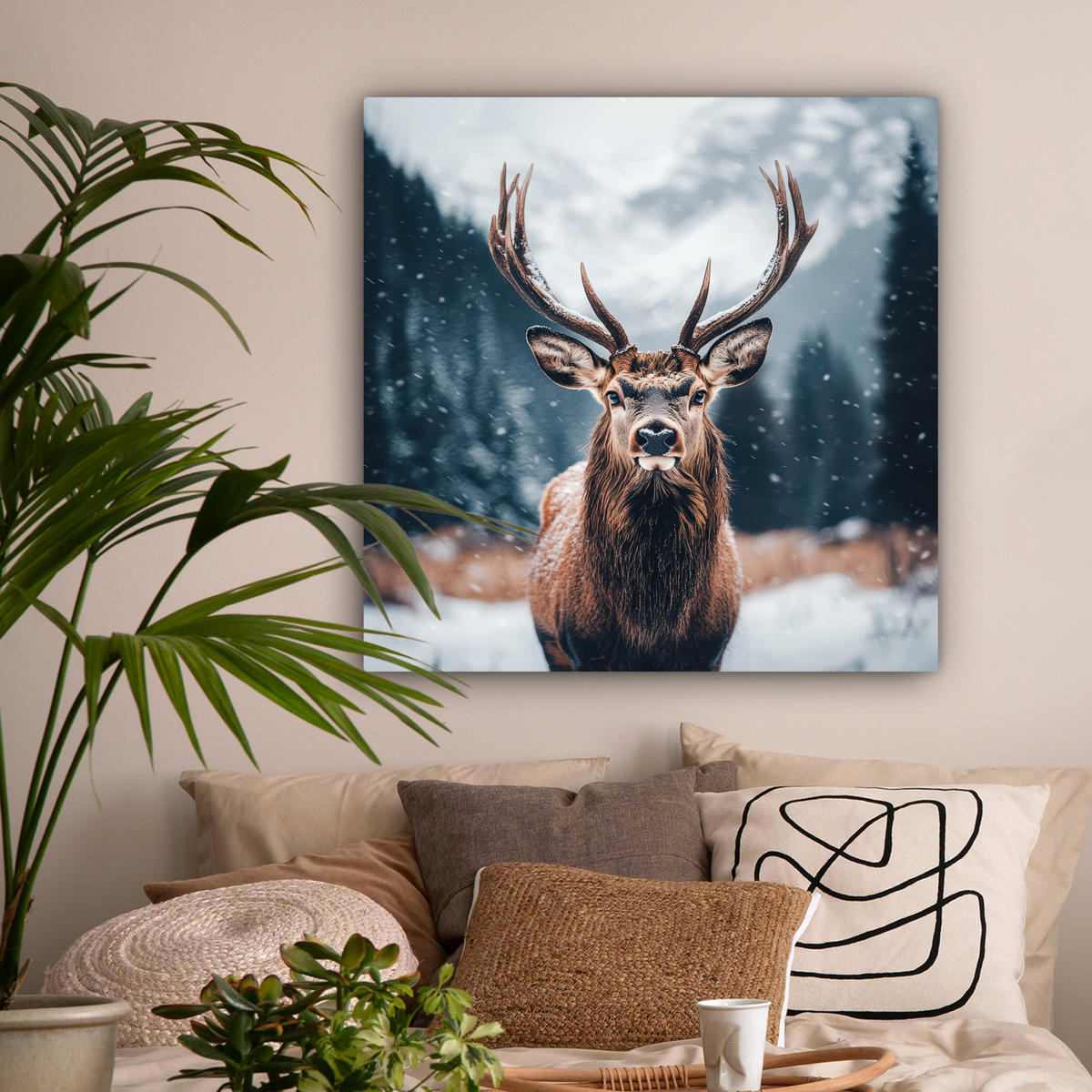 LEINWANDBILD Hirsche - Tiere - Landschaft - Winter - Schnee 90x90 cm - Kastanienfarben, Textil (90/90cm) - MuchoWow