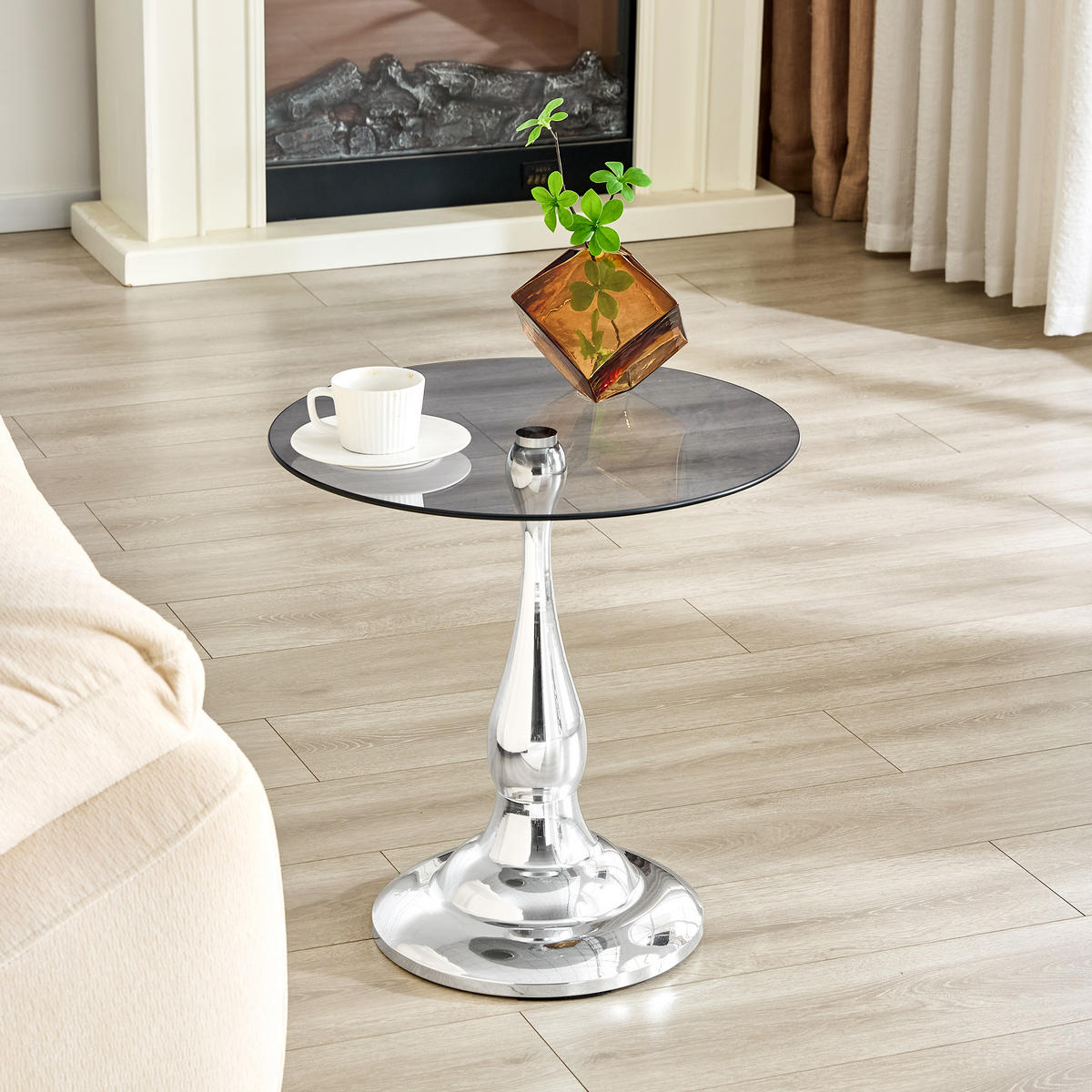 BEISTELLTISCH DE-37360 rund mit Glasplatte und geschwungenem Sockel Silber - Silberfarben, Metall (50/50/51.5cm) - ComfortXL