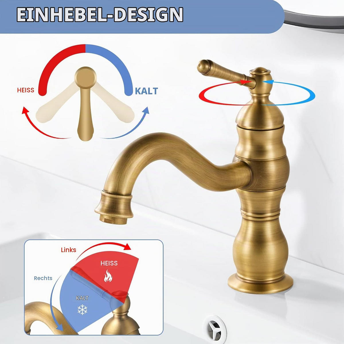 WASCHTISCHARMATUR, 20,5*20cm, Gold. - Goldfarben, Metall (27/7/24cm) - Vallsero