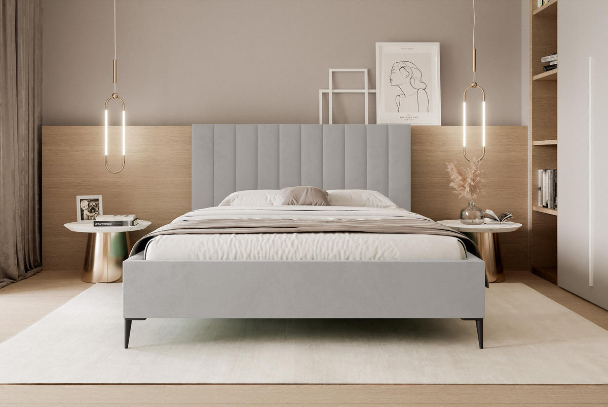 POLSTERBETT Mona SLIM III Polsterbett für Ihr Schlafzimmer in VELUTTO Stoff - 120x200 cm Hellgrau - Hellgrau/Schwarz, Holz/Holzwerkstoff (120/200cm) - DomoHome