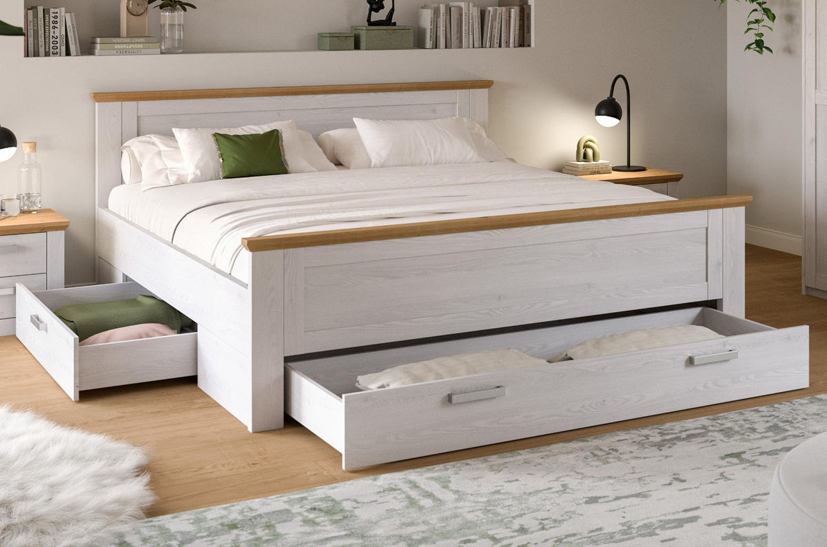 BETT weiß Lärche, Eiche Artisan Landhaus Liegefläche 180 x 200 cm, Doppelbett mit 3 Bettschubkästen - Eichefarben/Weiß, Holzwerkstoff/Metall (180/200cm) - Inn.Furn