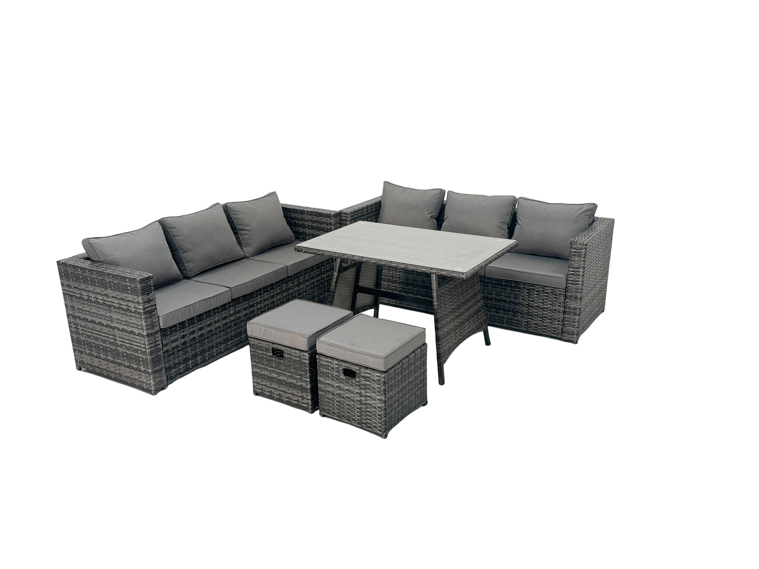 LOUNGESOFA SET mit Hocker Esstisch Polyrattan 6-Sitzer - Dunkelgrau/Grau, Glas/Kunststoff - Fimous