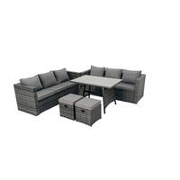 LOUNGESOFA SET mit Hocker Esstisch Polyrattan 6-Sitzer - Dunkelgrau/Grau, Glas/Kunststoff - Fimous