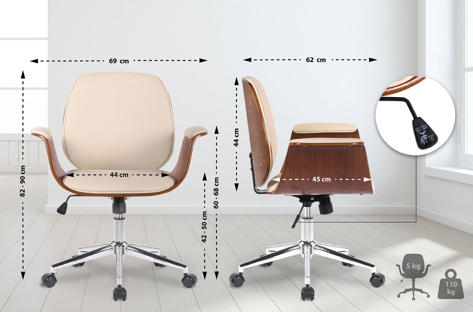 DREHSTUHL Holz walnuss/creme - Chromfarben/Walnussfarben, Holz/Textil (69/82/62cm) - CLP