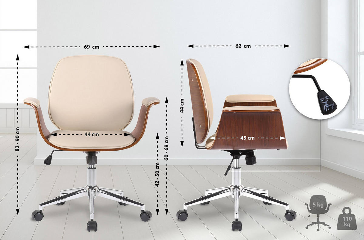DREHSTUHL Holz walnuss/creme - Chromfarben/Walnussfarben, Holz/Textil (69/82/62cm) - CLP