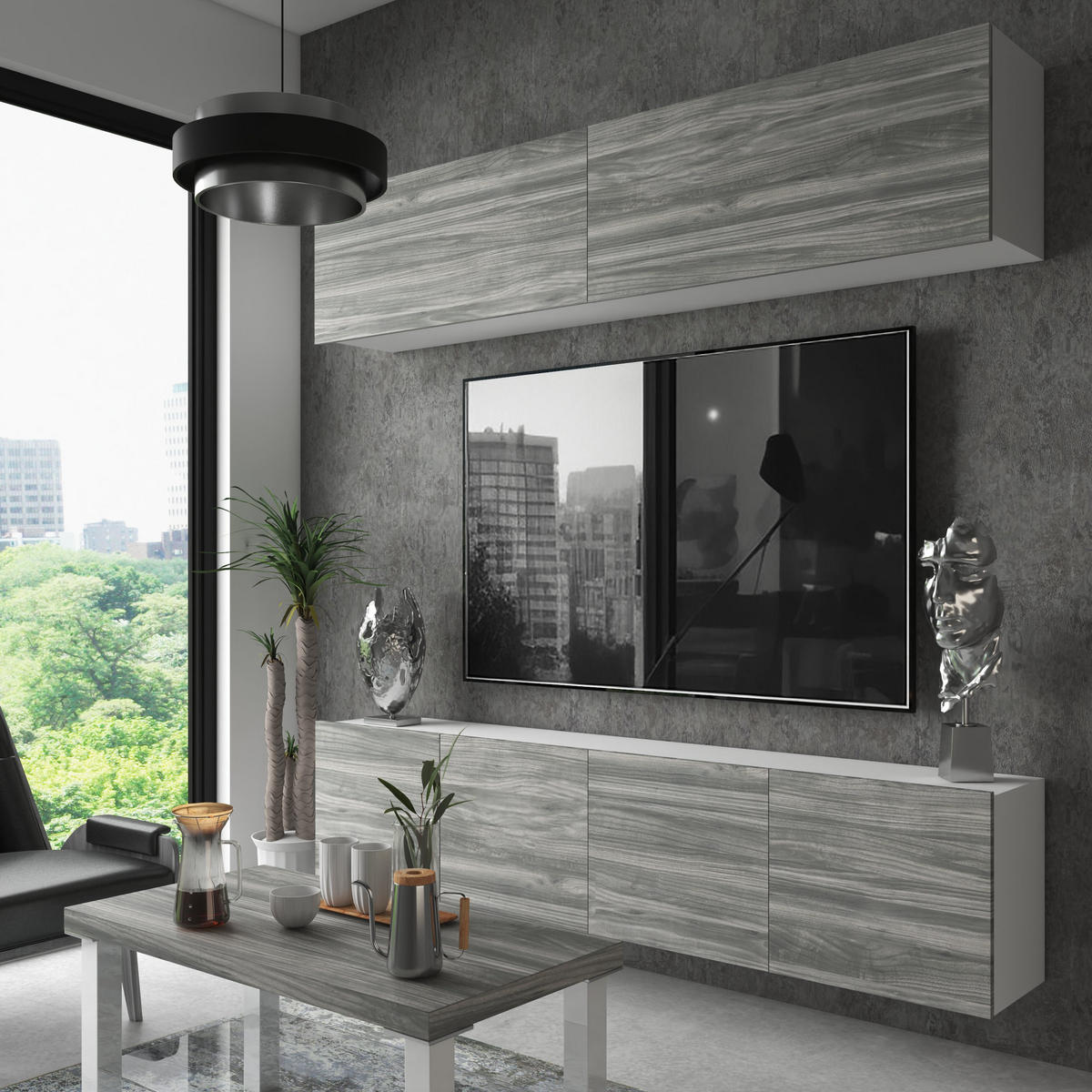 WOHNWAND Milano 6, Grau Matt, 200 cm, Grifflos - Grau, Holz (200/40/36cm) - B BELINI GROUP