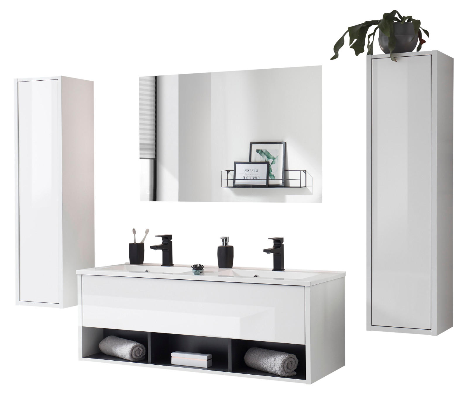 BADMÖBEL-SET weiß Hochglanz, grau, Komplettset mit Doppelwaschbecken und LED Beleuchtung - Weiß Hochglanz/Grau, Glas/Holzwerkstoff (200/190/47cm) - Furn.Design