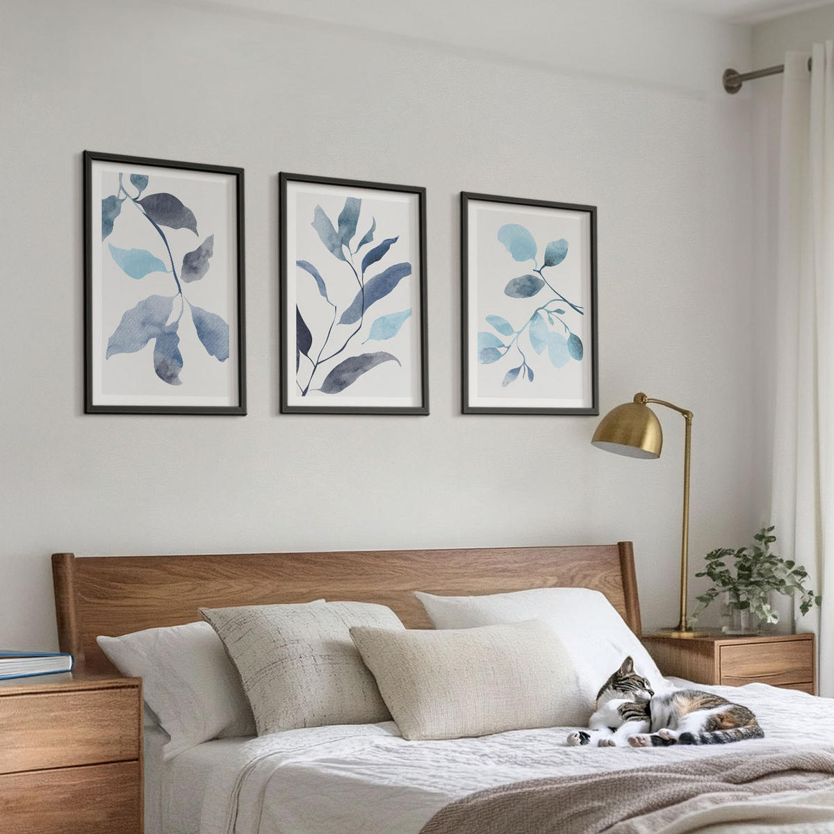 WANDBILDER 3er-Set - 40x60 cm Schwarzer Rahmen - Aquarell von blauen Blättern - Schwarz, Kunststoff (40/60cm) - ArtPrintCave