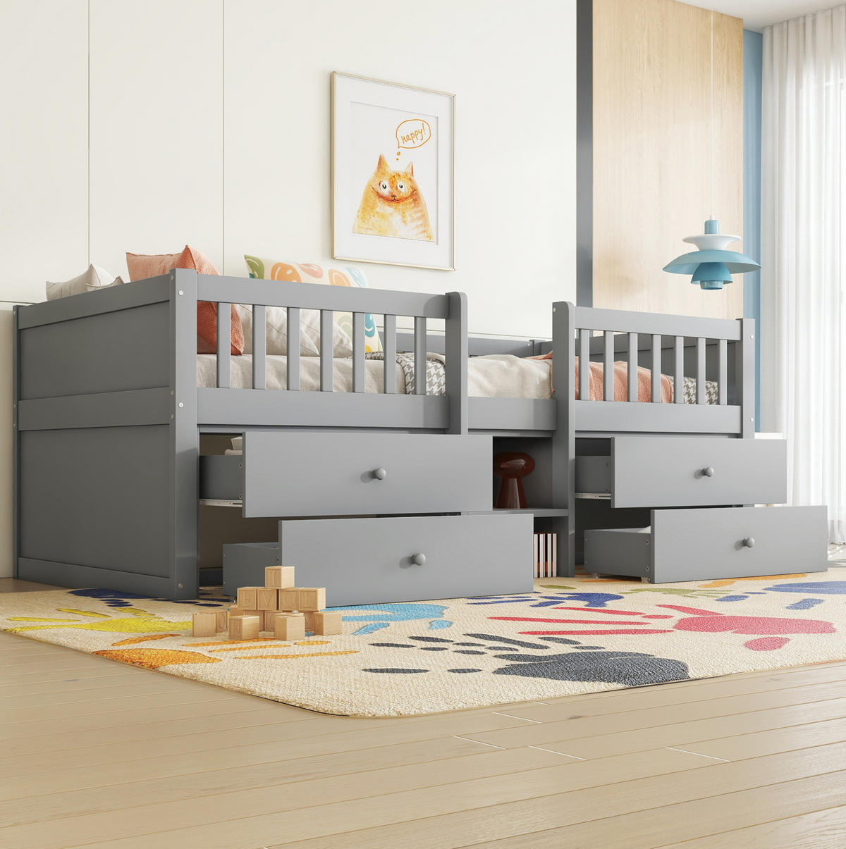 HOCHBETT 90/200 cm Grau aus Kiefernholz und MDF mit 4 Schubladen - Grau, Holz (90/200cm) - OKMYHOME