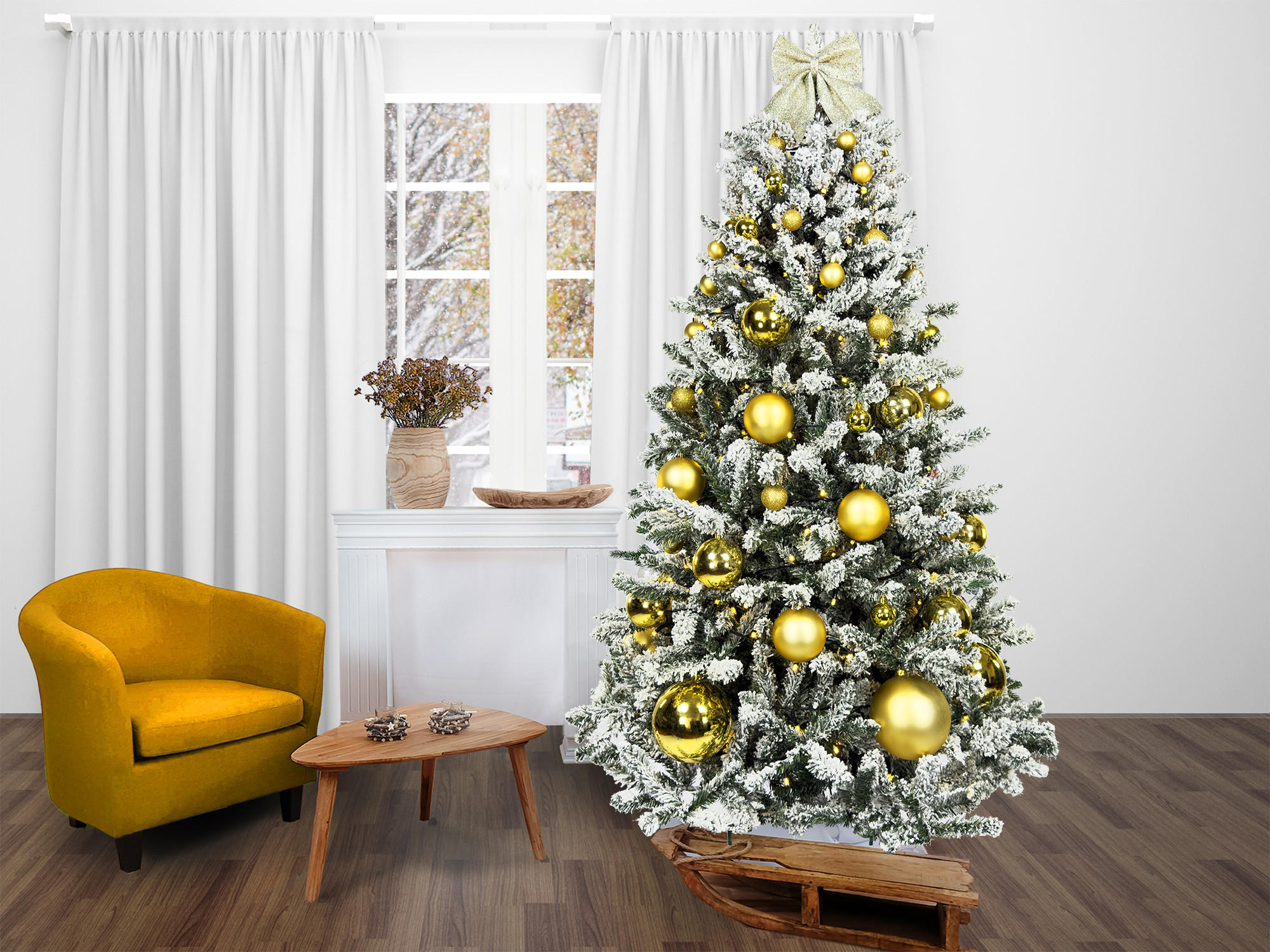 LAALU WEIHNACHTSBAUM geschmückt künstlich mit 73 Ornamenten GOLDEN CHRISTMAS 210 cm Baum mit Ständer und Weihnachtsornamenten - Champagner/Goldfarben, Kunststoff (210cm) - LAALU
