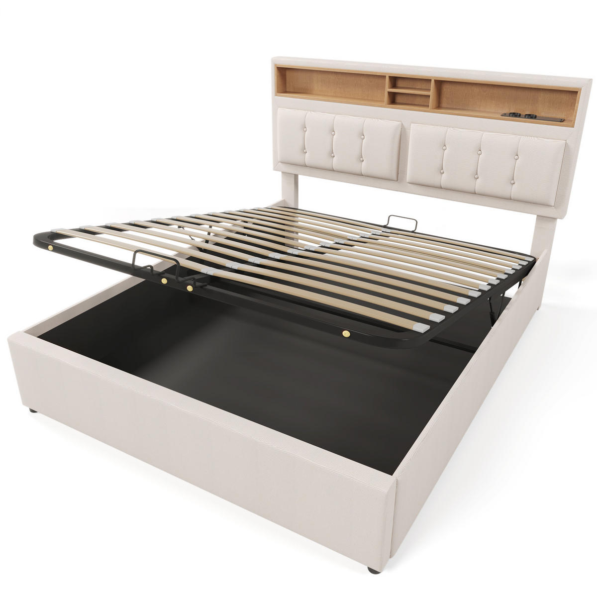 POLSTERBETT 140/200 cm mit Bettkasten, USB-C und verstellbarem Kopfteil - Beige, Textil (140/200cm) - BEAOK