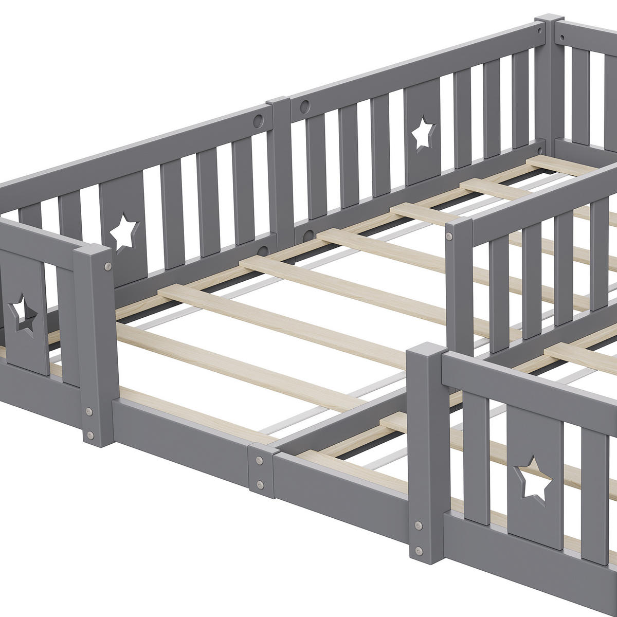 MONTESSORIBETT Klassisch mit Lattenrost & Sterne-Zaun 2x 90/200 cm Kiefer-Massivholz Grau - Grau, Holz (180/200cm) - Creahappy