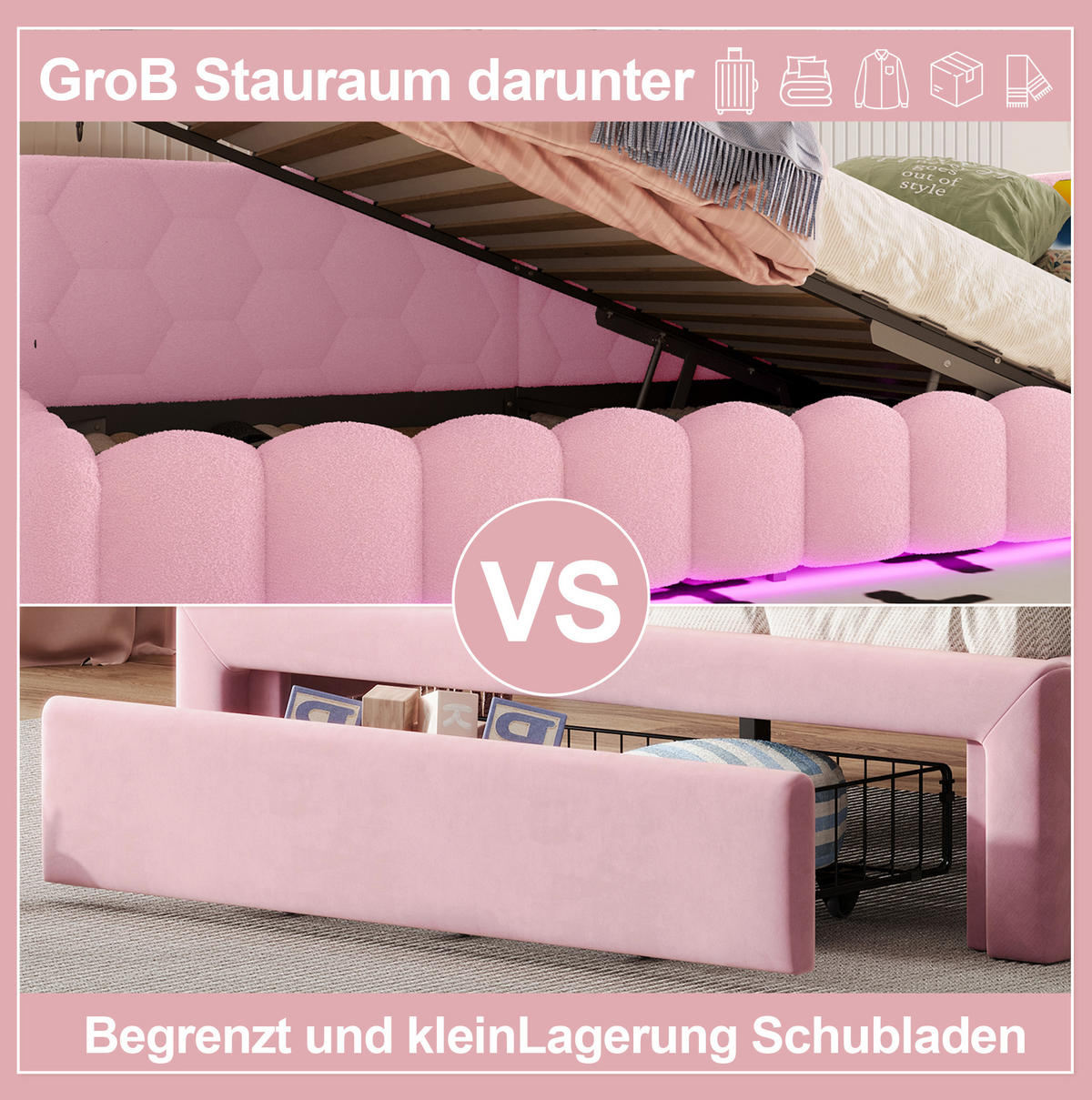 TAGESBETT 90/200 cm mit LED-Lichtleiste, USB, Typ-C und hydraulischem Bettkasten, Rosa - Rosa, Textil (90/200cm) - Redom