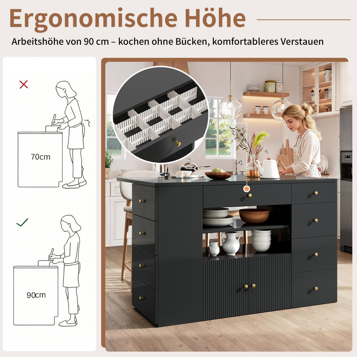 KÜCHENINSEL 140/40-70/89 cm aus MDF und Metall mit Hocker und viel Stauraum Schwarz - Schwarz, Holzwerkstoff (140/89/70cm) - Modenvie