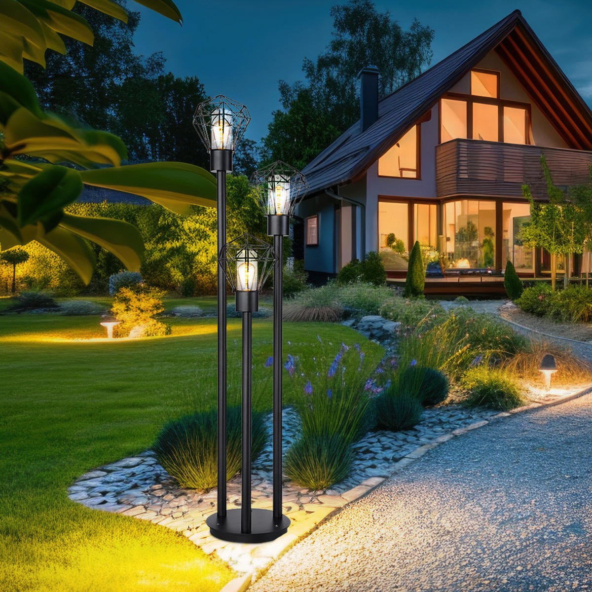 STEHLEUCHTE Metall Schwarz Gitter 3 flammig - Schwarz, Metall (44.2/44.5/170cm) - Globo Lighting