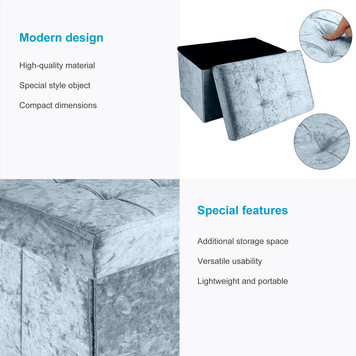 SITZBOX Faltbar mit Samtbezug 49/30/30 cm (Blau) - Blau, Karton (30/30/49cm) - Intirilife