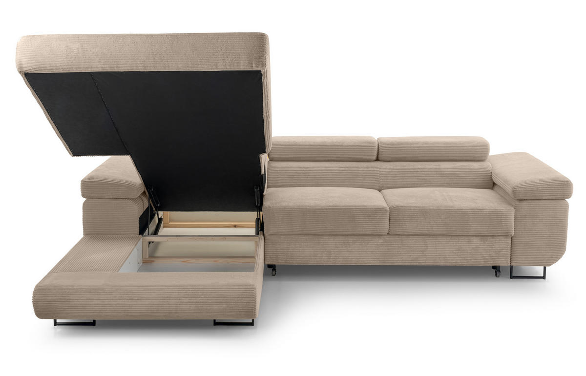 ECKSOFA L Form Arborio Beige 280/203/90 cm Links mit Schlaffunktion - Beige/Schwarz, Textil/Metall (203/280cm) - AX Living
