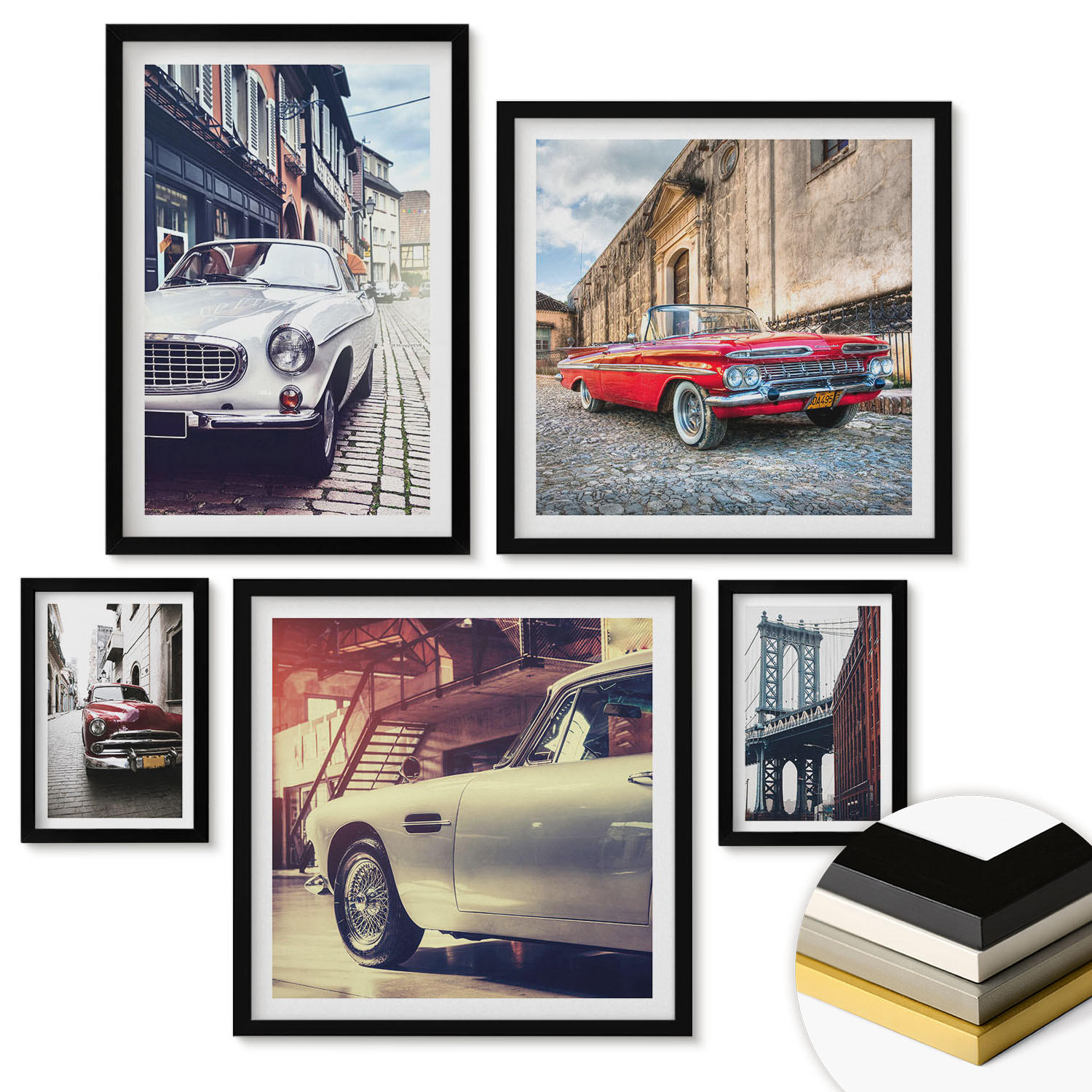 WANDBILDER 5er-Set - 50x50 cm & 20x30 cm & 40x60 cm Schwarzer Rahmen - Oldtimer in Städten - Schwarz, Kunststoff (40/60cm) - ArtPrintCave