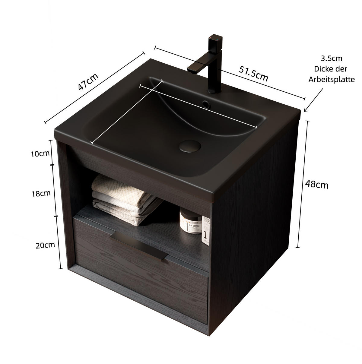 WASCHTISCH mit Keramikbecken Schwarz/Dark Oak - Schwarz, Holz (47/51.5/51.5cm) - Beauniv