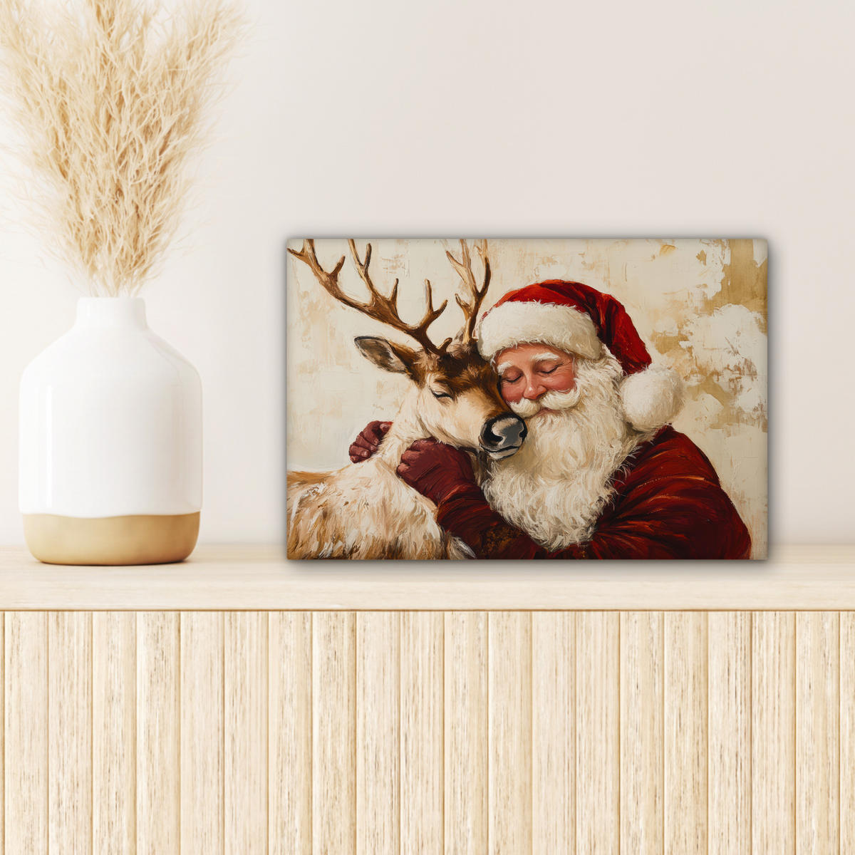 LEINWANDBILD Weihnachtsmann - Rentier - Weihnachten Deko Schlafzimmer 30x20 cm - Rotbraun, Textil (30/20cm) - MuchoWow