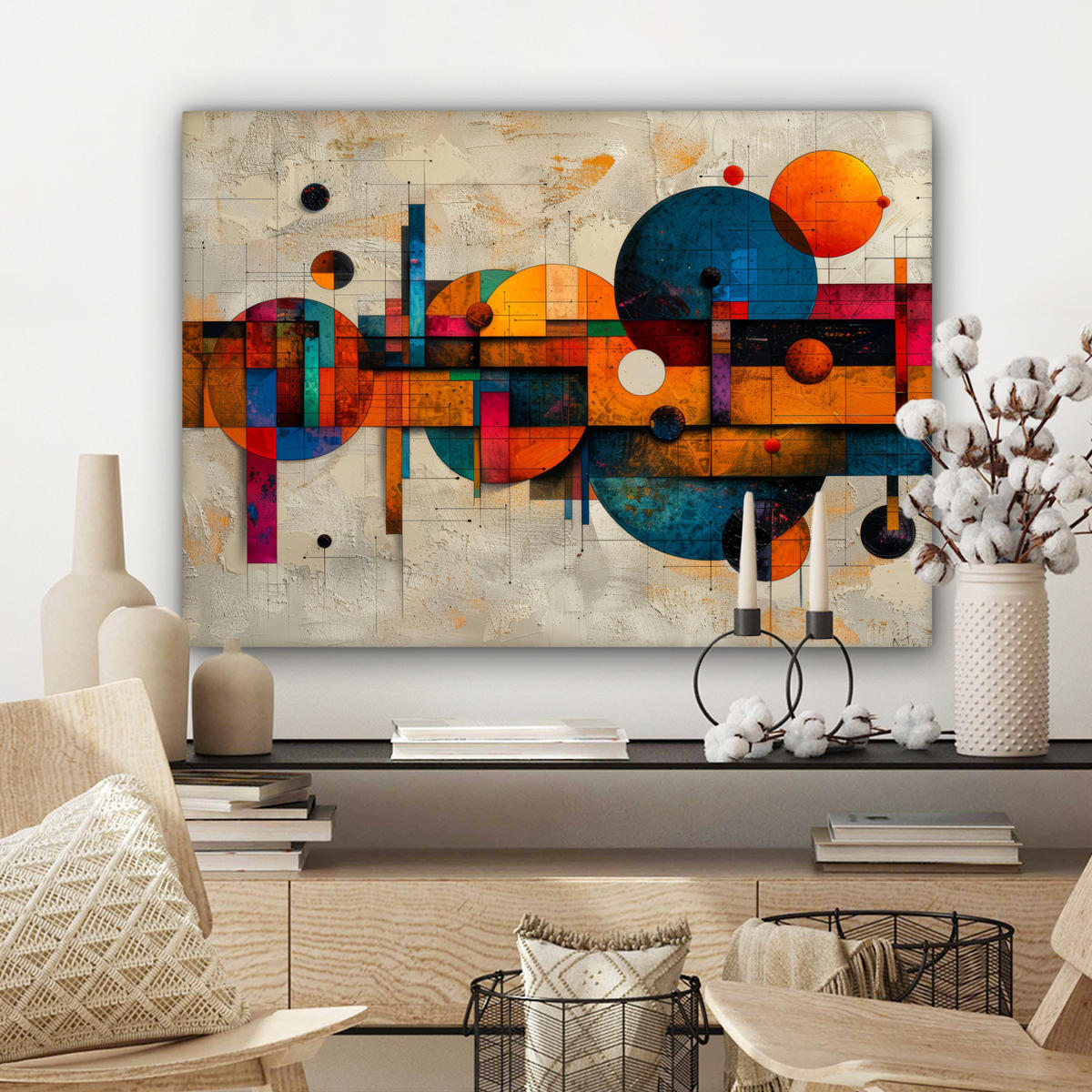 LEINWANDBILD - Vintage - Moderne Kunst - Orange - Geometrische Formen - 80x60 - Malerei - Multicolor, Textil (80/60cm) - MuchoWow
