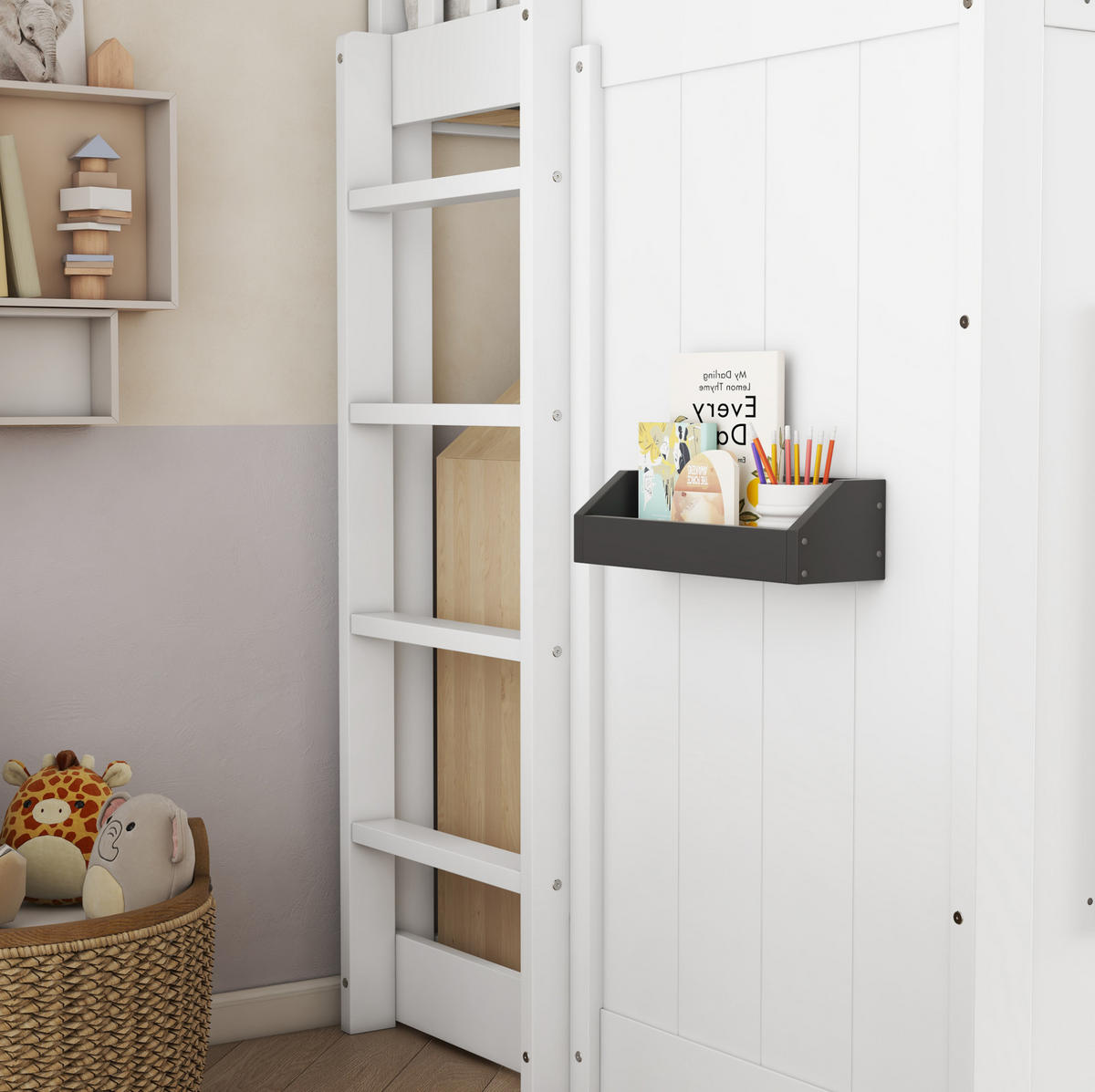 HOCHBETT 90/200 cm in Weiß mit Treppe, Fallschutz und Fensterdesign - Weiß, Holzwerkstoff (90/200cm) - Flora Grace