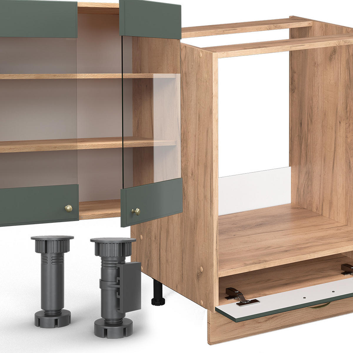 KÜCHENZEILE Fame-Line Grün-Gold Landhaus/Goldkraft Eiche 355 cm AP Anthrazit - Eiche Wotan/Grün, Holzwerkstoff (355/81.6/60cm) - Vicco