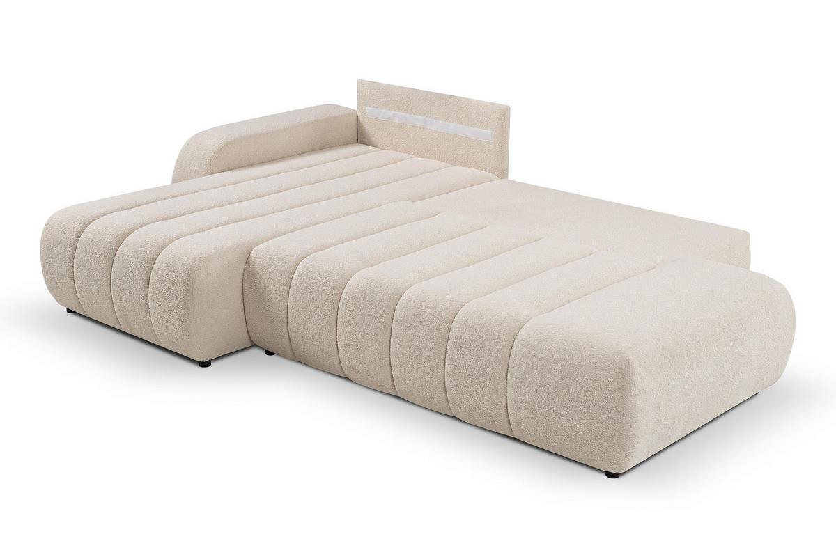 ECKSOFA Baloo mit Schlaffunktion und Bettkasten, komfortable Polsterung, Stoffbezug, lose Rückenkissen, freistehend, LINKS, 176x276x88 cm, Cream - Creme, Holz/Textil (176/276cm) - DomoHome