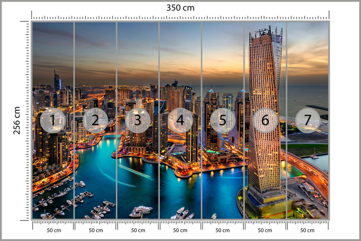 FOTOTAPETE für Büro Hochhäuser Dubai Marina Hafen Lichter Modern 350x256 - Türkis/Gelb, Papier (350/256cm) - Muralo