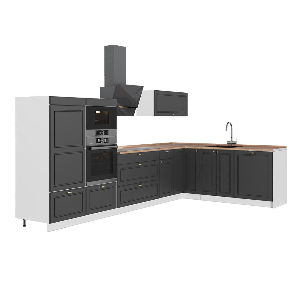 KUHINJA U OBLIKU SLOVA L Fame-Line, Seoska Antracit-Zlatna/Bijela, 347 x 207 cm, RP Hrast - bijela/antracit, drvni materijal (347/153.6/60cm) - Vicco