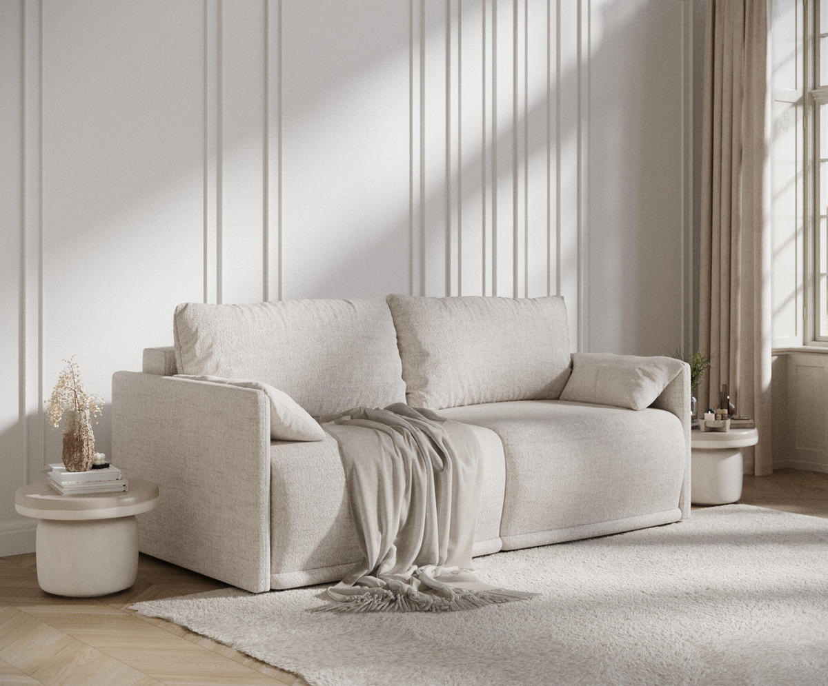 SCHLAFSOFA MIT ECKSOFA-FUNKTION Nappa Beige Webstoff - Beige/Schwarz, Holz/Holzwerkstoff (215/100/112cm) - Maison de Reve