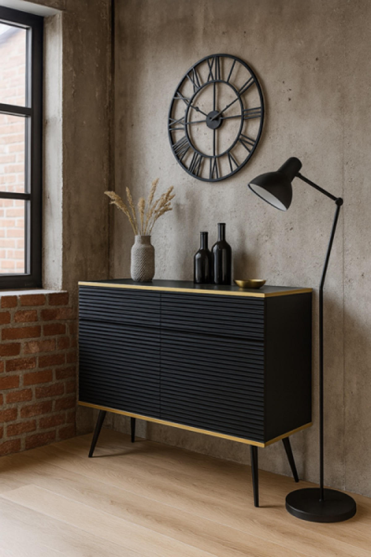 SIDEBOARD Schwarz POLO Gerillt Auf Hohen Schwarzen Beinen 107 cm - Schwarz, Holzwerkstoff (107/85/39cm) - Sepro Meble
