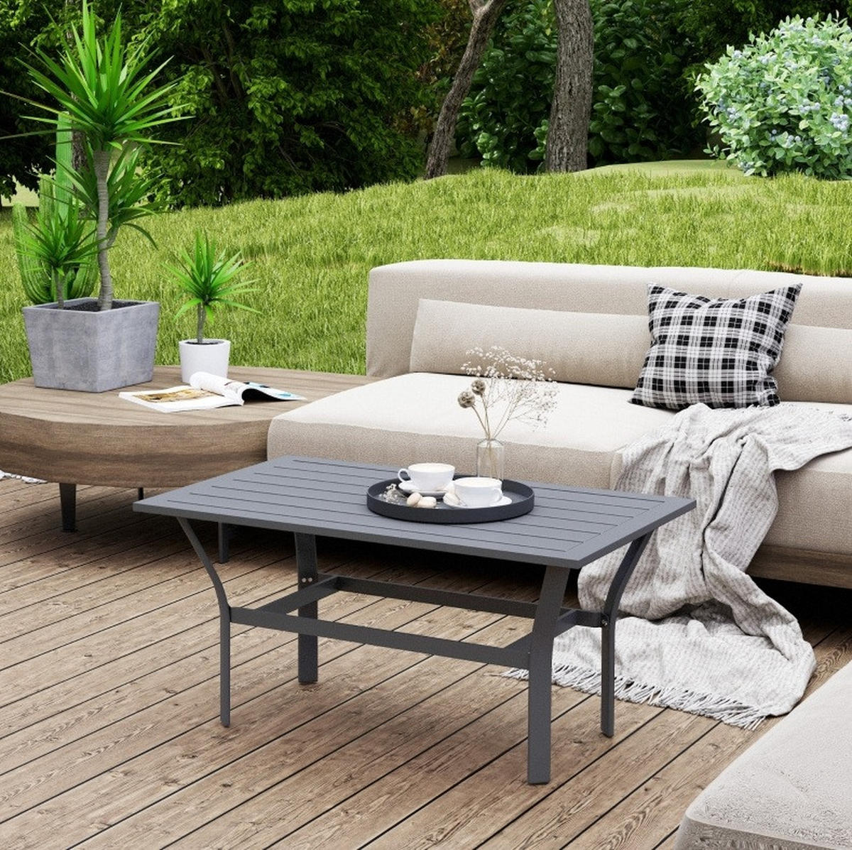 GARTEN-BEISTELLTISCH 91,5/55/45 cm aus Metall mit Latten-Design und wetterfester Oberfläche, Dunkelgrau - Naturfarben, Metall (91.5/55/45cm) - Redom